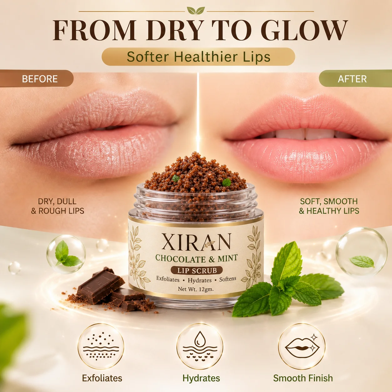 Comparison of lips before and after using Xiran chocolate and mint lip scrub, featuring smoother and healthier lips.